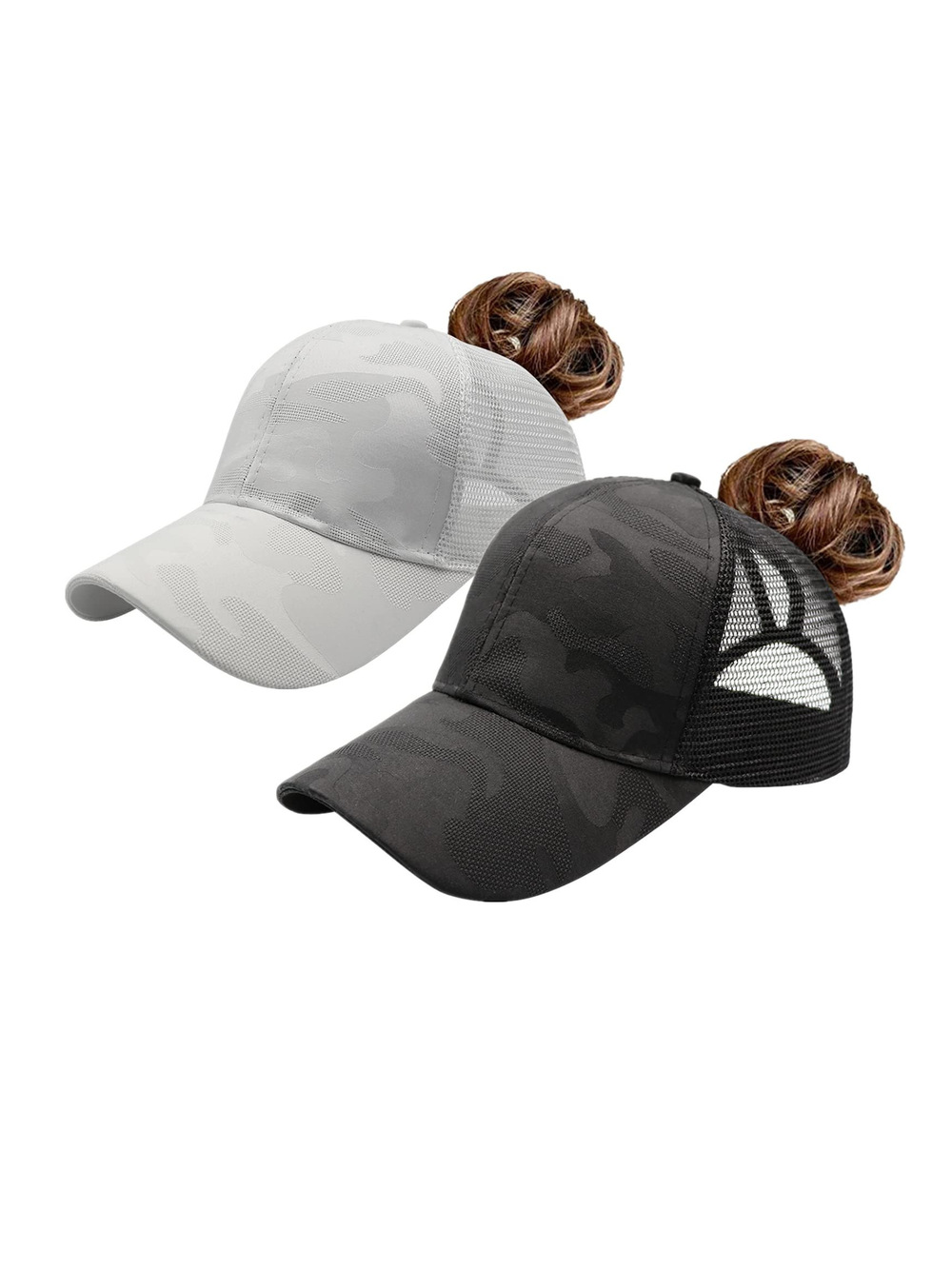 Womens High Ponytail Messy Bun | 2 Hats, Camo Fabric Black, White | Size OS